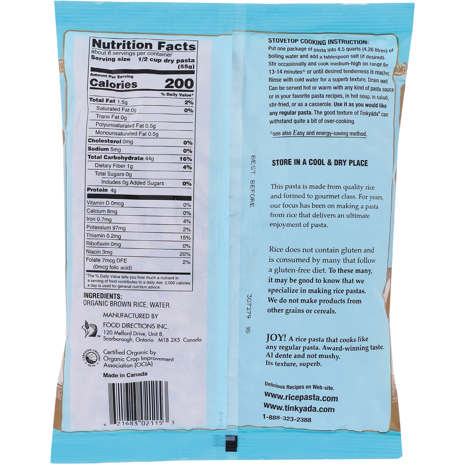 TKY003 | Back of pasta package with Nutrition Facts, cooking instructions, and ingredients: organic brown rice, water