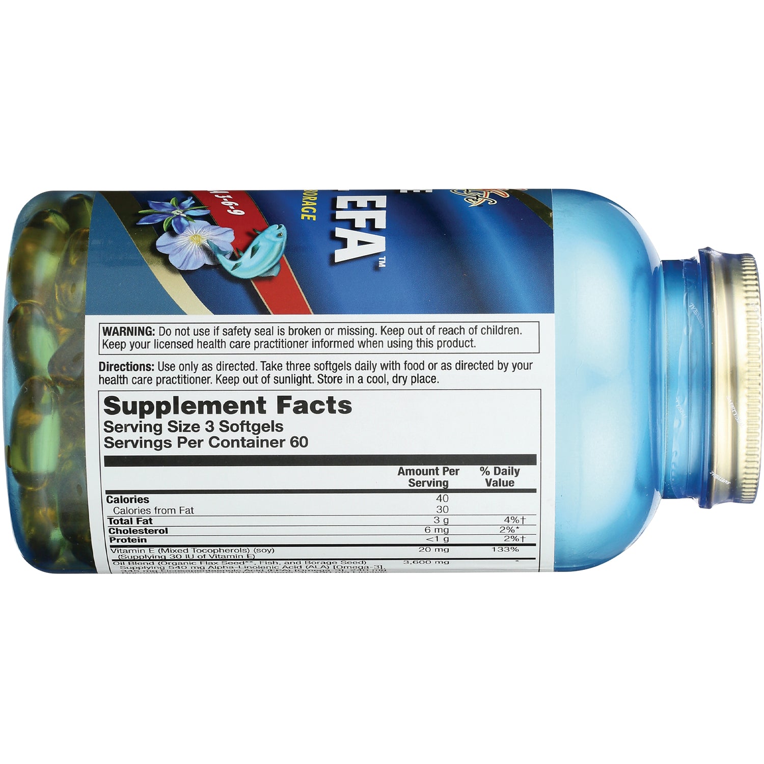 HS029 | back label showing Supplement Facts, directions, warning and nutrition panel on blue softgel bottle