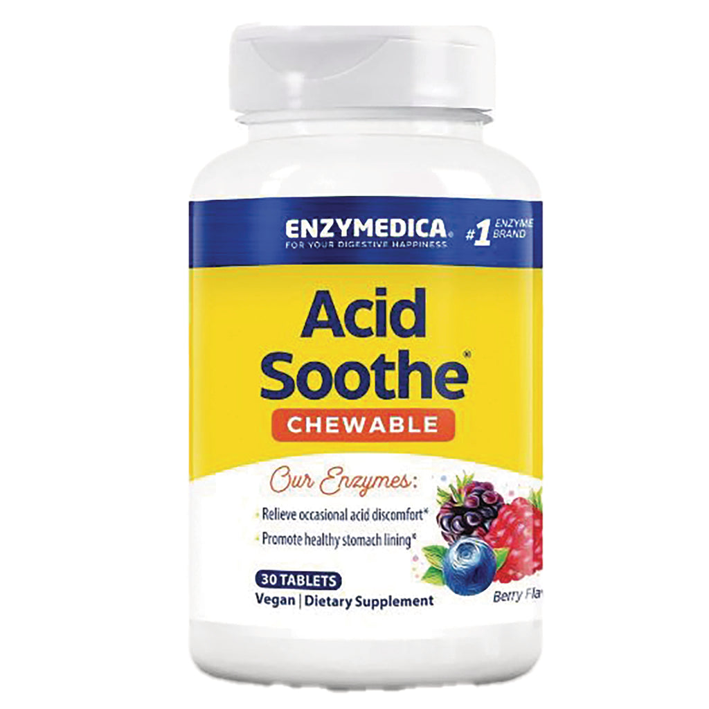 EMD062 | White bottle labeled Acid Soothe Chewable dietary supplement, berry flavor, 30 tablets - Thumbnail