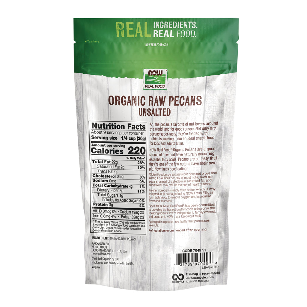 NWF1420 | Back of pouch for NOW Real Food Organic Raw Pecans unsalted showing nutrition facts, ingredient list and barcode - Thumbnail