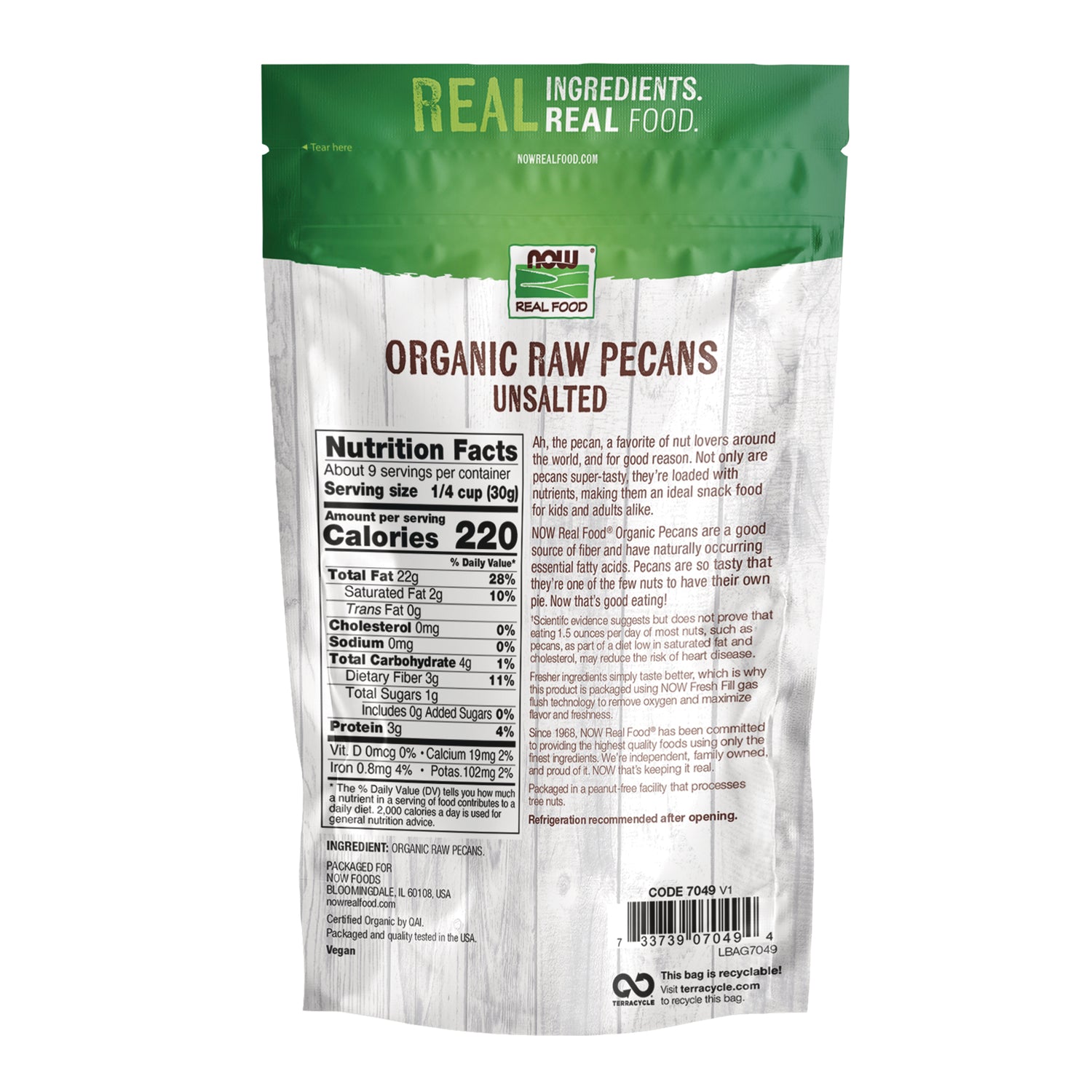 NWF1420 | Back of pouch for NOW Real Food Organic Raw Pecans unsalted showing nutrition facts, ingredient list and barcode
