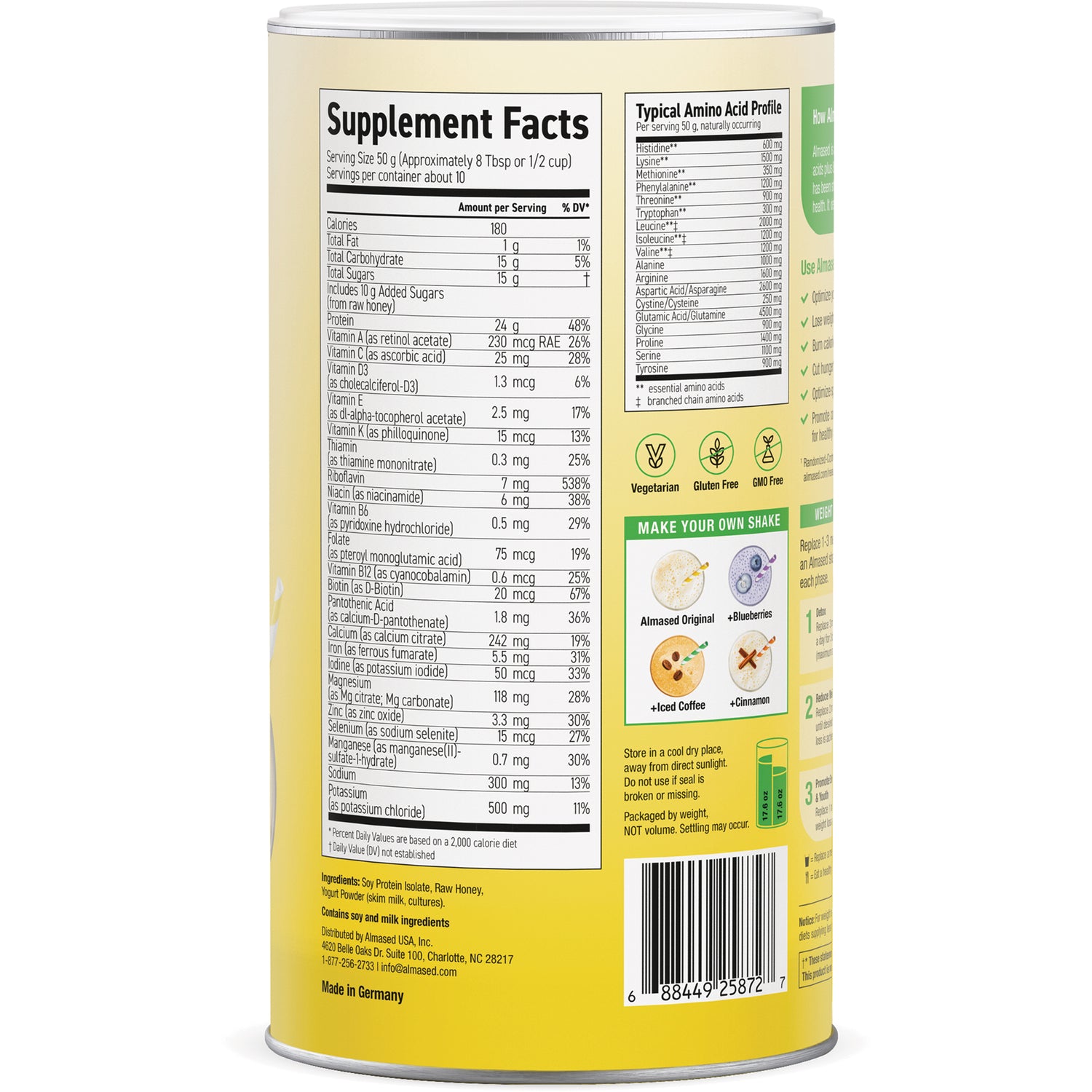 ALM001 | Supplement Facts and Typical Amino Acid Profile panel with barcode and shake mix ideas