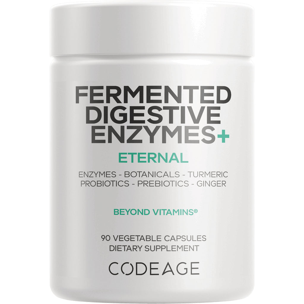 CDG037 | White supplement jar labeled FERMENTED DIGESTIVE ENZYMES+ ETERNAL by CODEAGE, 90 vegetable capsules - Thumbnail