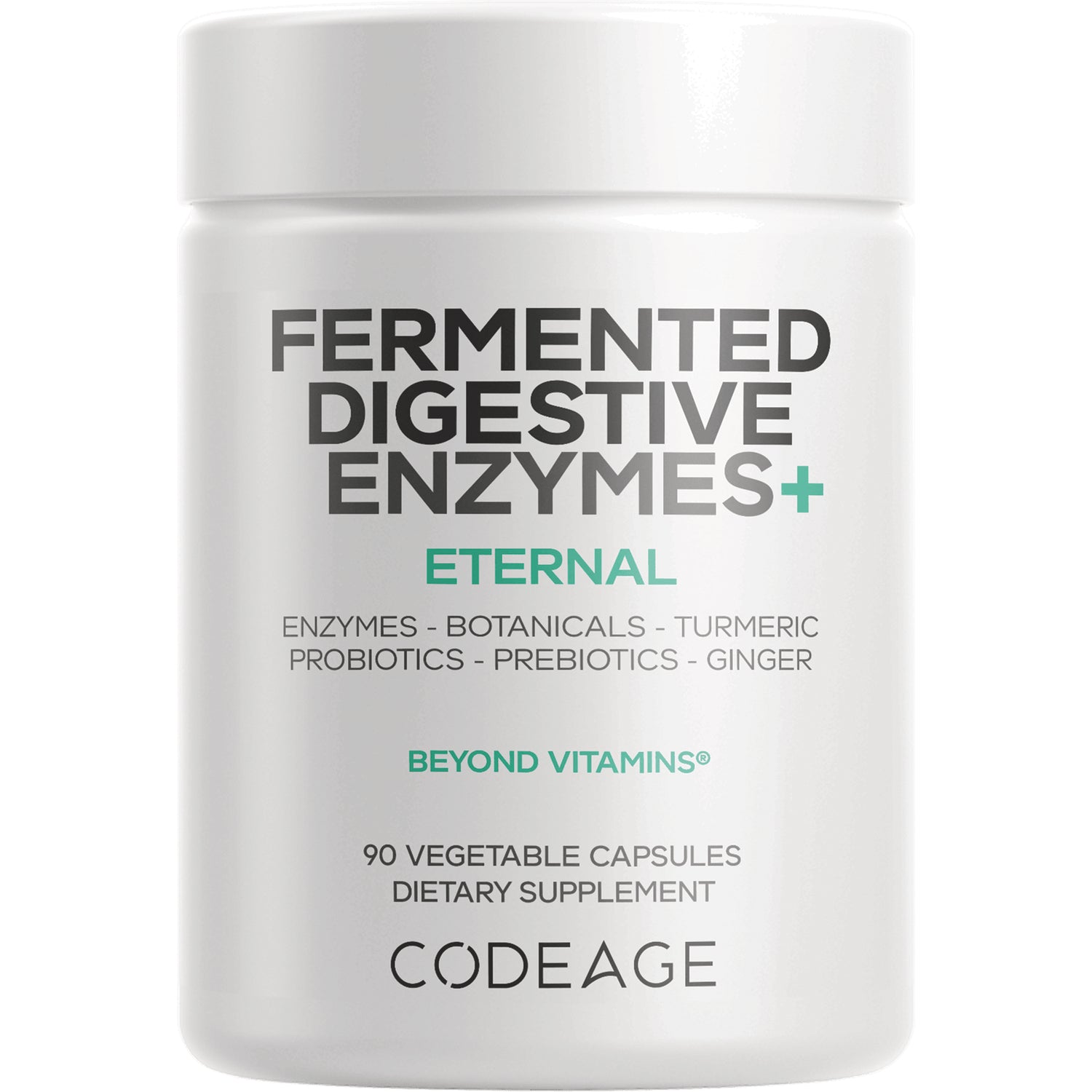 CDG037 | White supplement jar labeled FERMENTED DIGESTIVE ENZYMES+ ETERNAL by CODEAGE, 90 vegetable capsules