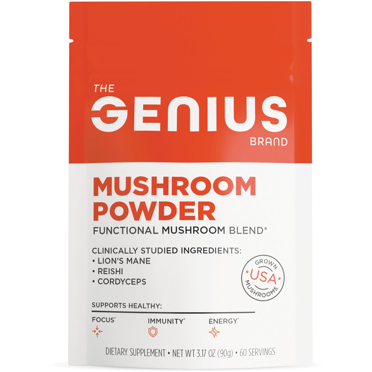 GBR005 | Front pouch of The Genius Brand Mushroom Powder functional mushroom blend showing ingredients list and USA grown badge
