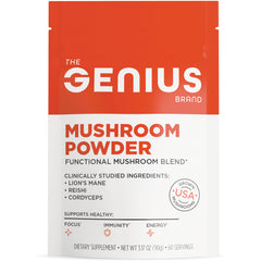 GBR005 | Front pouch of The Genius Brand Mushroom Powder functional mushroom blend showing ingredients list and USA grown badge