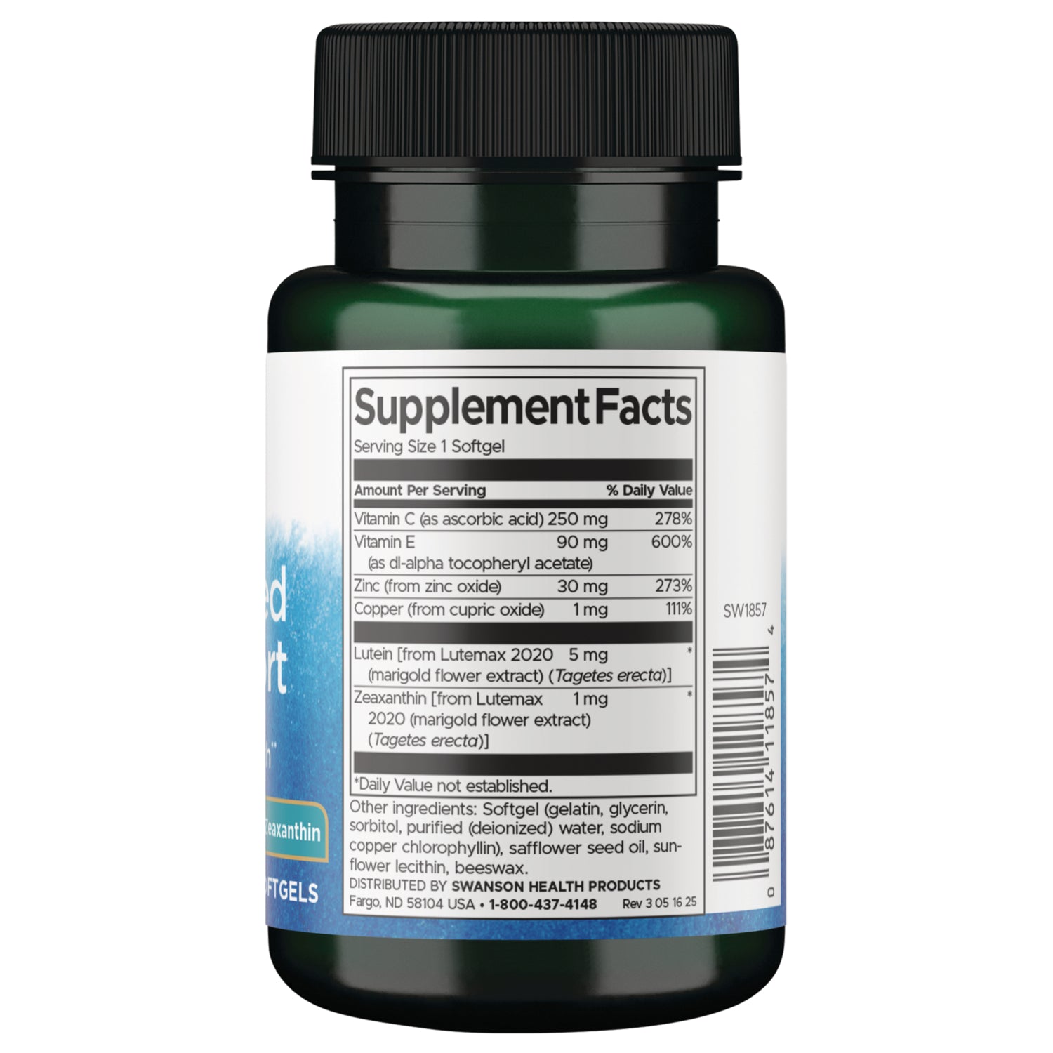 SW1857 | Back label showing Supplement Facts panel, ingredients, and barcode