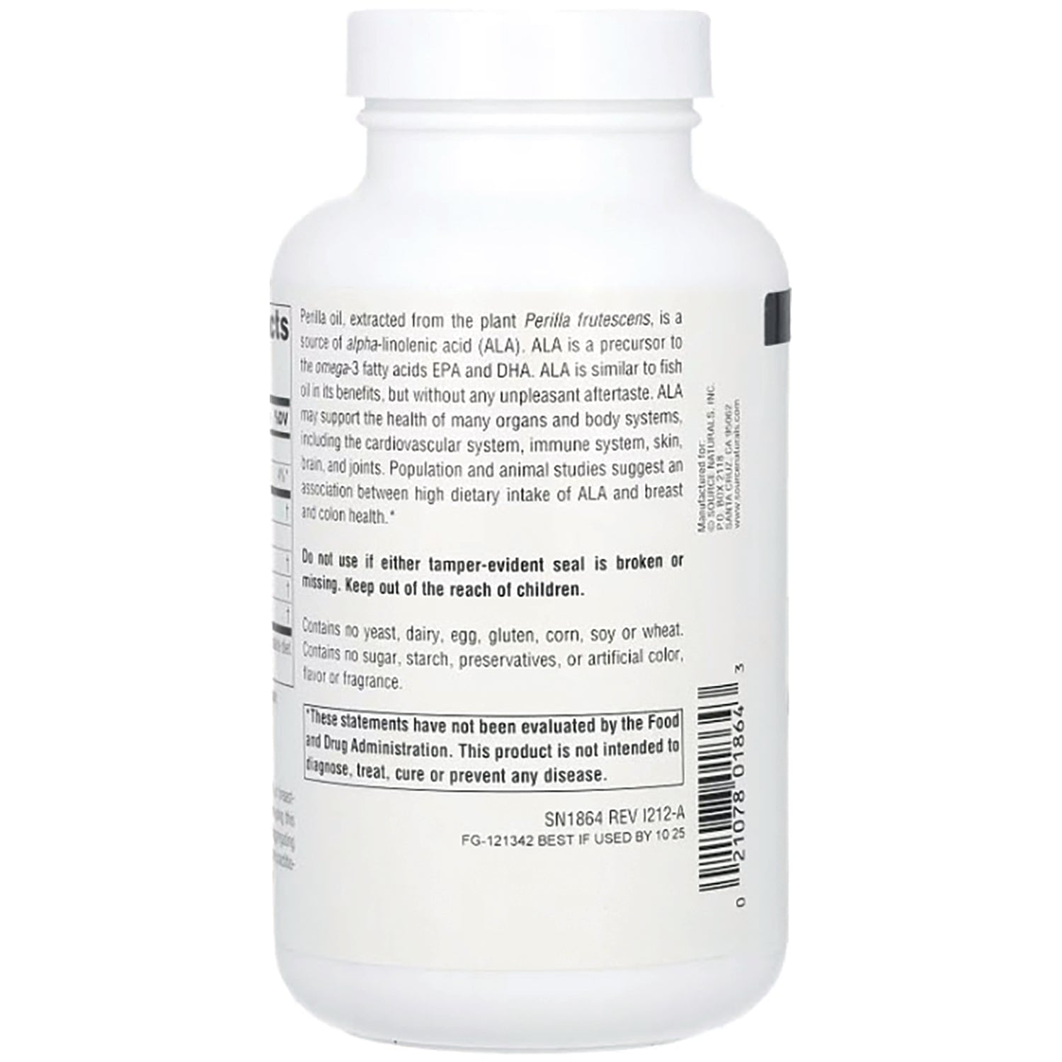 SN780 | Supplement bottle back label with ingredients, warnings, FDA disclaimer, and barcode