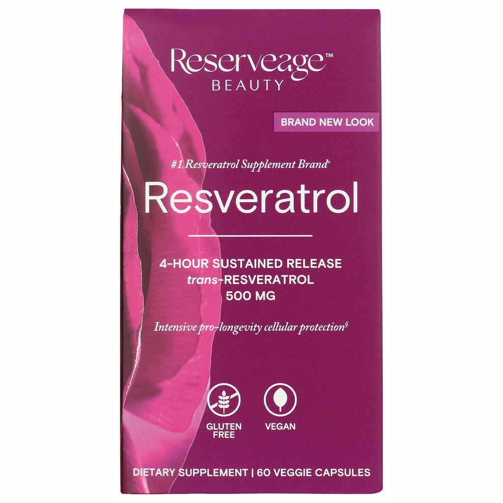 RSA003 | Reserveage Beauty Resveratrol supplement front packaging, 500 mg 4-hour sustained release, 60 veggie capsules, gluten free vegan - Thumbnail