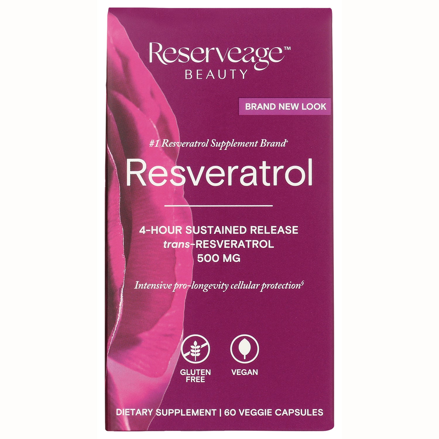 RSA003 | Reserveage Beauty Resveratrol supplement front packaging, 500 mg 4-hour sustained release, 60 veggie capsules, gluten free vegan