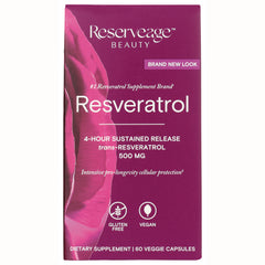 RSA003 | Reserveage Beauty Resveratrol supplement front packaging, 500 mg 4-hour sustained release, 60 veggie capsules, gluten free vegan