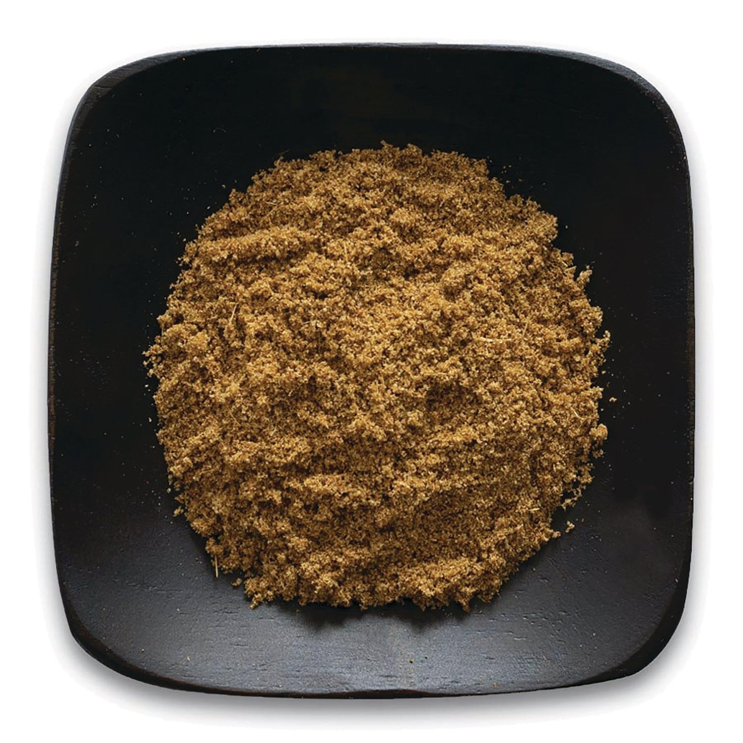 FNP035 | pile of brown powdered supplement on a black square dish