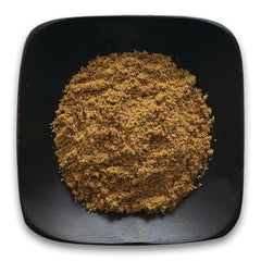FNP035 | pile of brown powdered supplement on a black square dish