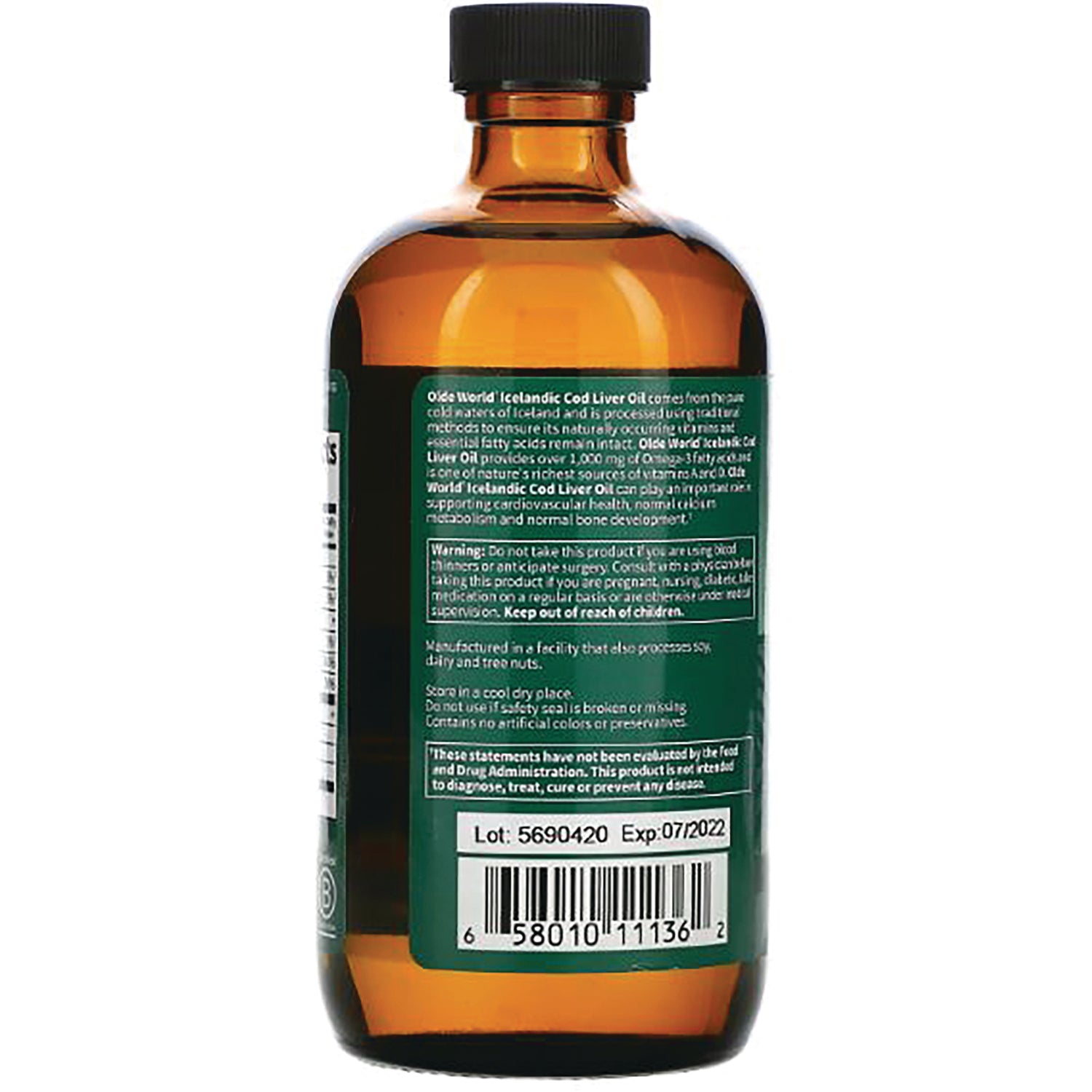 GLF009 | Back of amber bottle showing green supplement label with ingredients, warnings, lot 5690420 Exp 07/2022 and barcode