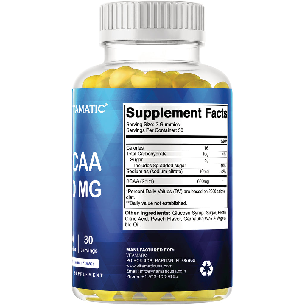 VAM016 | Back of Vitamatic BCAA gummies bottle showing Supplement Facts panel and serving size: 2 gummies - Thumbnail