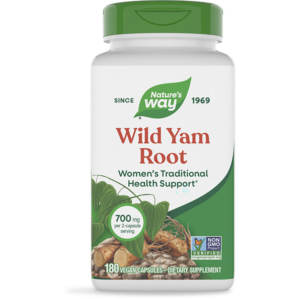 NW781 | Nature's Way Wild Yam Root supplement bottle front, 700 mg per 2-capsule, 180 vegan capsules