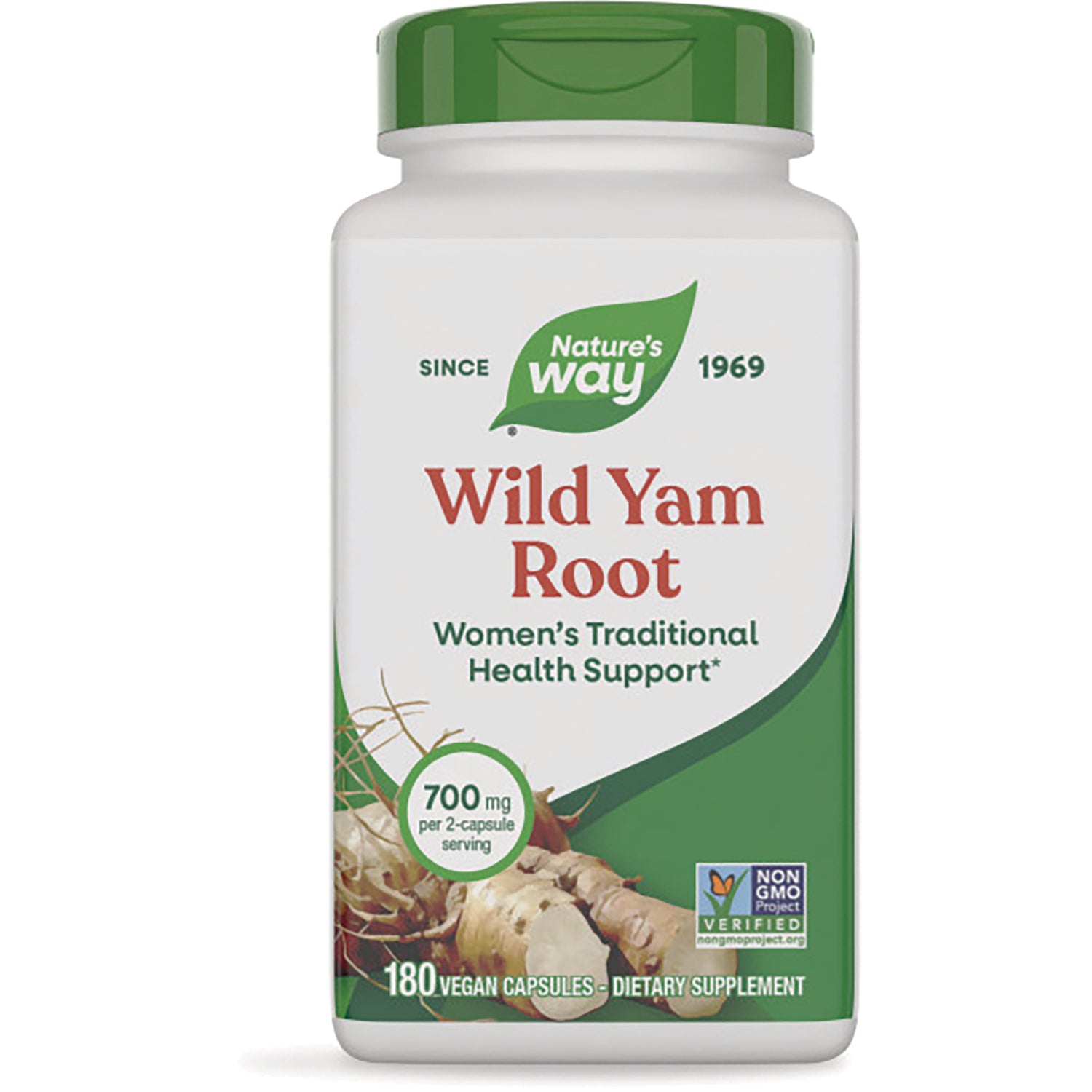 NW781 | Nature's Way Wild Yam Root supplement bottle front, 700 mg per 2-capsule, 180 vegan capsules