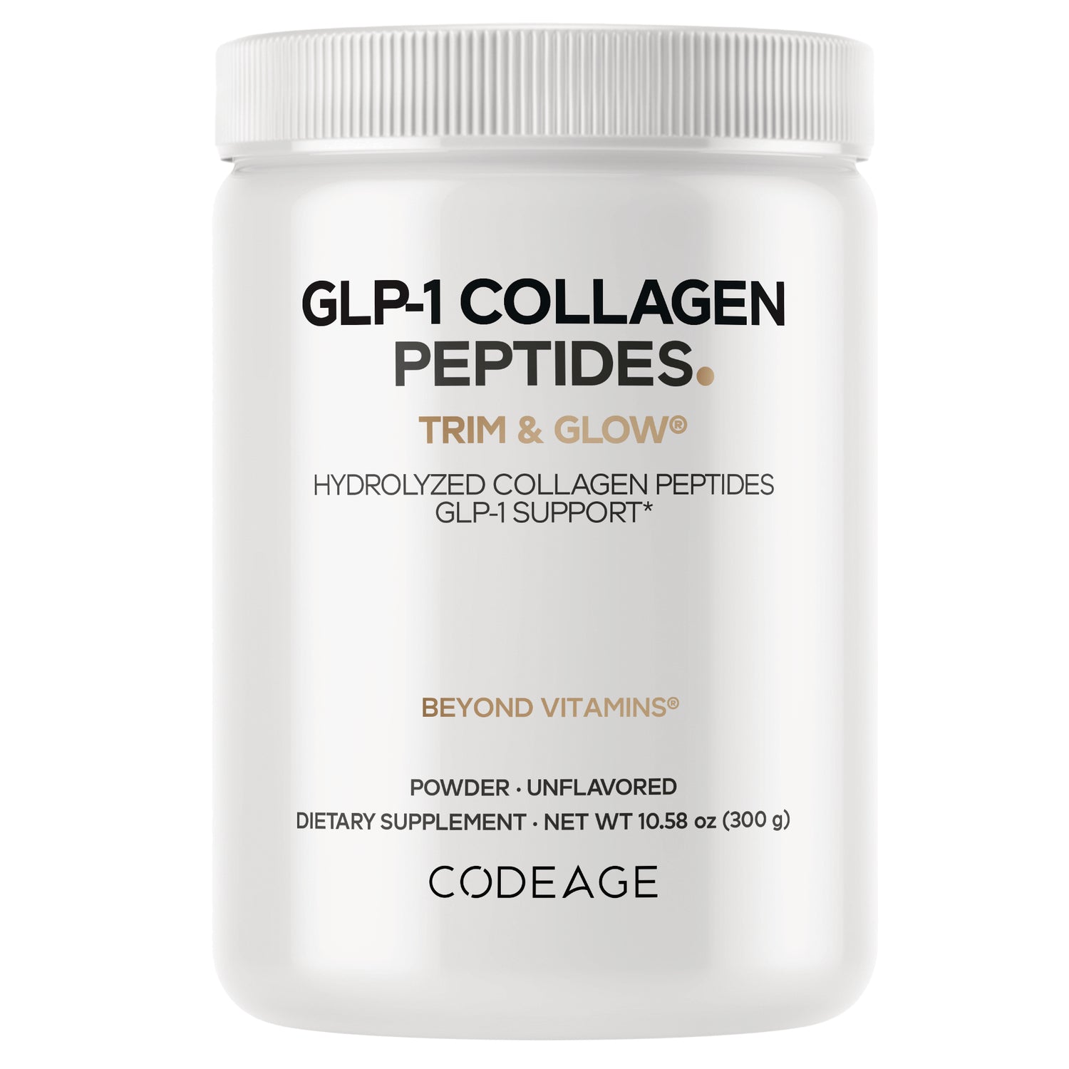 CDG028 | White jar of CODEAGE GLP-1 Collagen Peptides Trim & Glow unflavored powder 10.58 oz