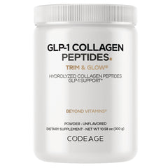 CDG028 | White jar of CODEAGE GLP-1 Collagen Peptides Trim & Glow unflavored powder 10.58 oz