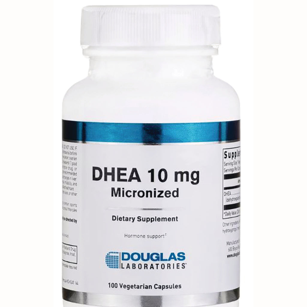 DGL020 | white Douglas Laboratories bottle labeled DHEA 10 mg Micronized dietary supplement, 100 vegetarian capsules - Thumbnail