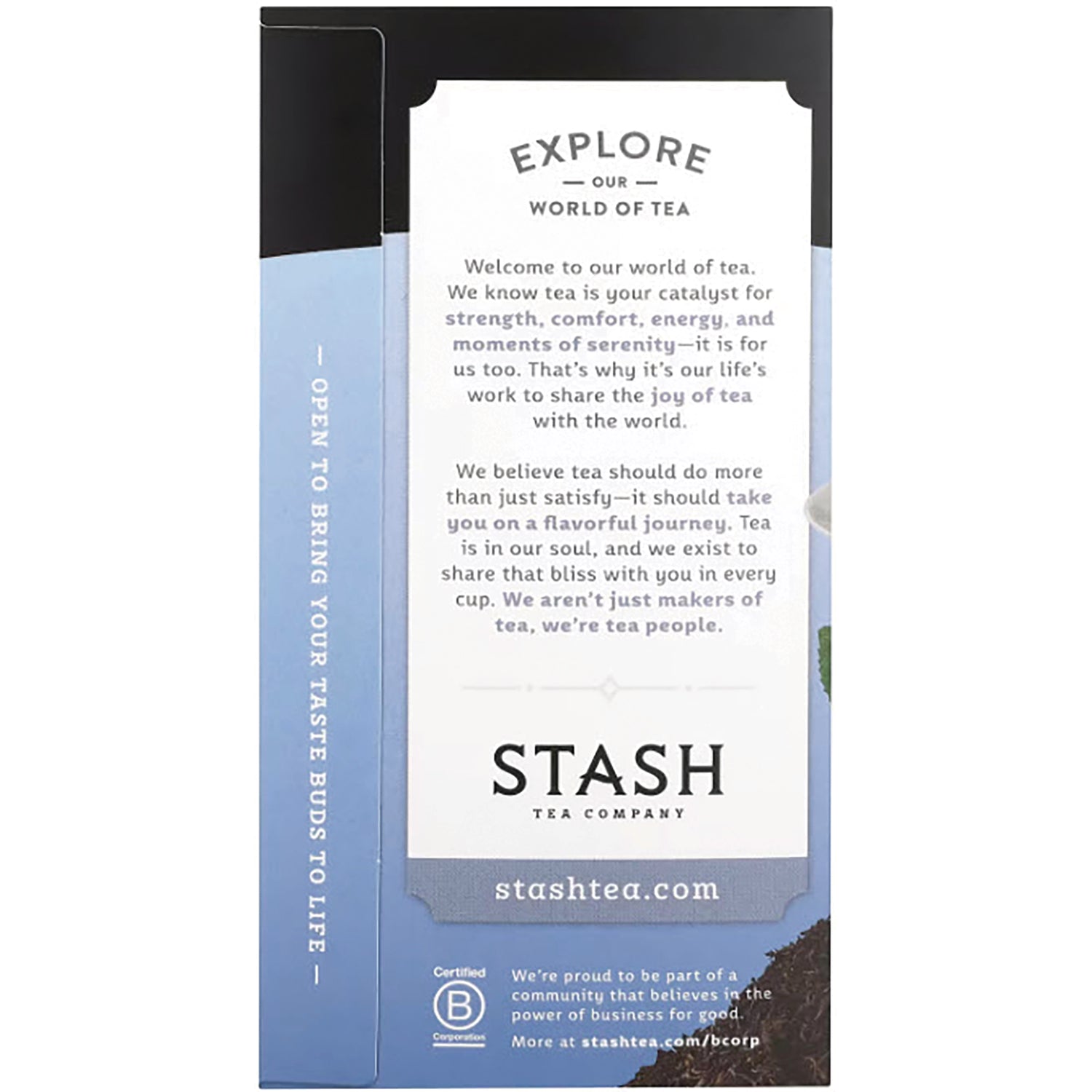 STH005 | Stash Tea Company box back panel with Explore Our World of Tea message and stashtea.com