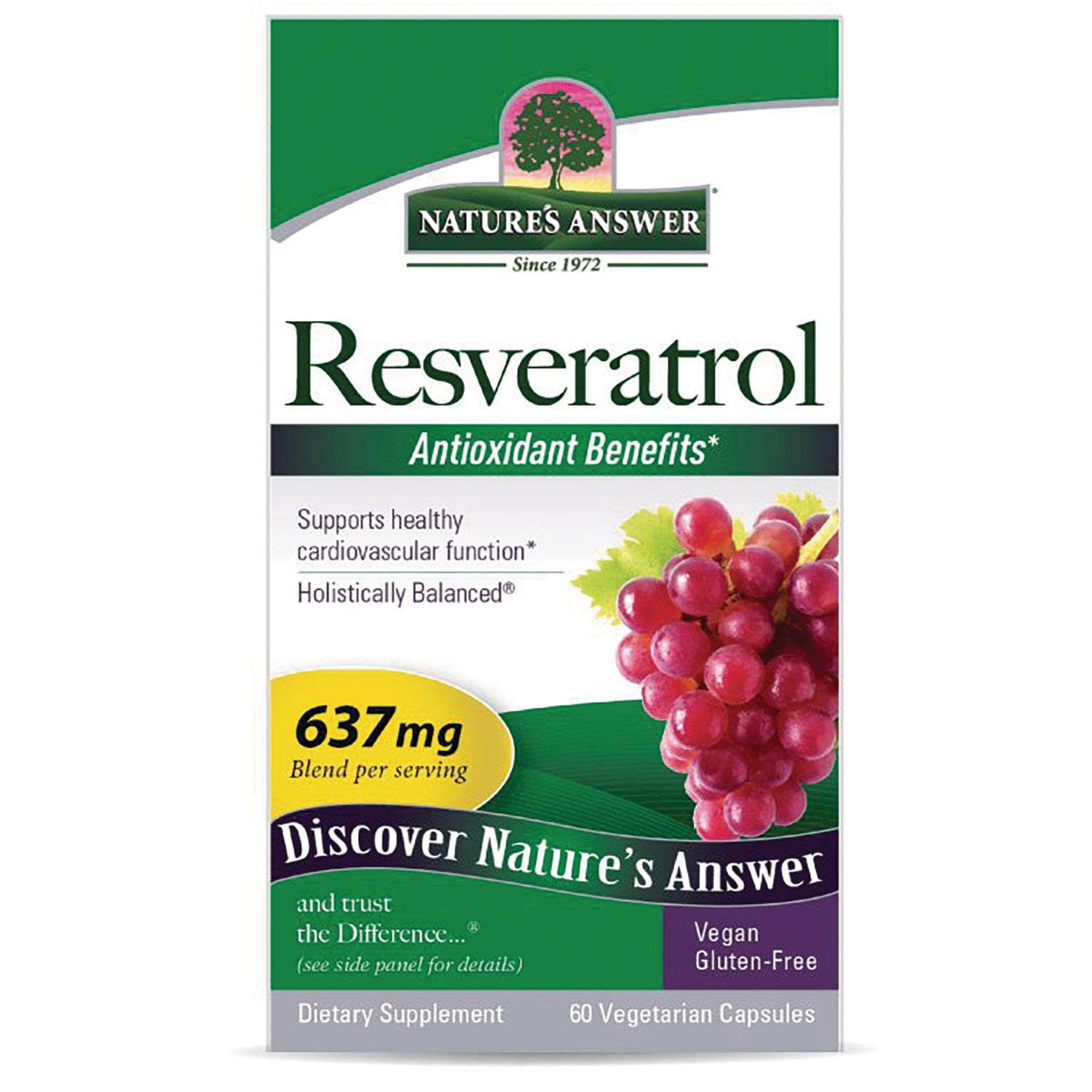 NAT105 | Nature's Answer Resveratrol supplement box front panel showing grapes, 637 mg blend, 60 vegetarian capsules