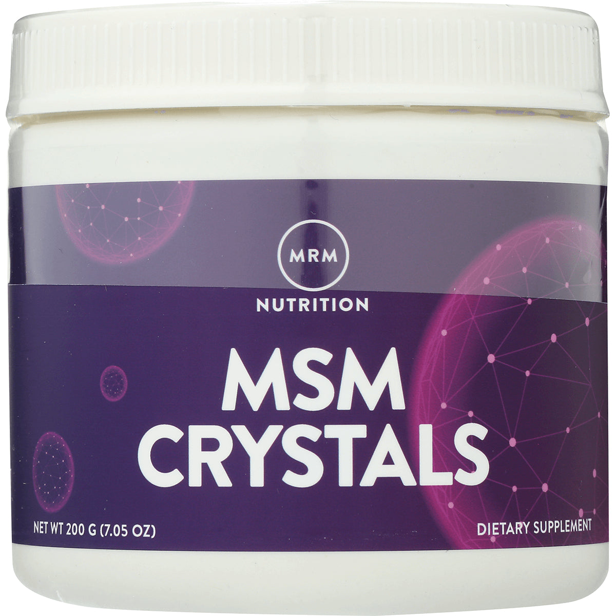 MRM036 | MRM Nutrition MSM CRYSTALS dietary supplement jar with purple label, net wt 200 g (7.05 oz)
