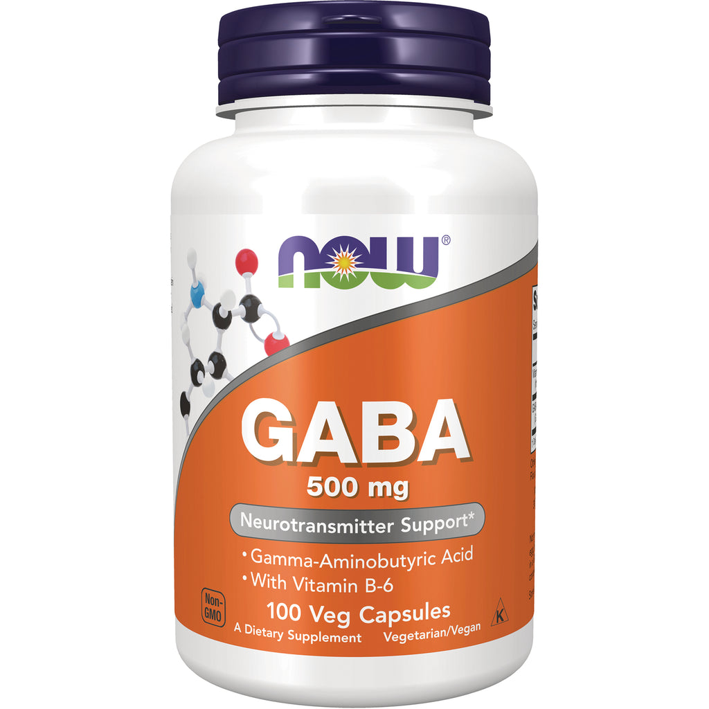 NWF047 | NOW GABA 500 mg bottle, 100 Veg Capsules label showing Neurotransmitter Support - Thumbnail