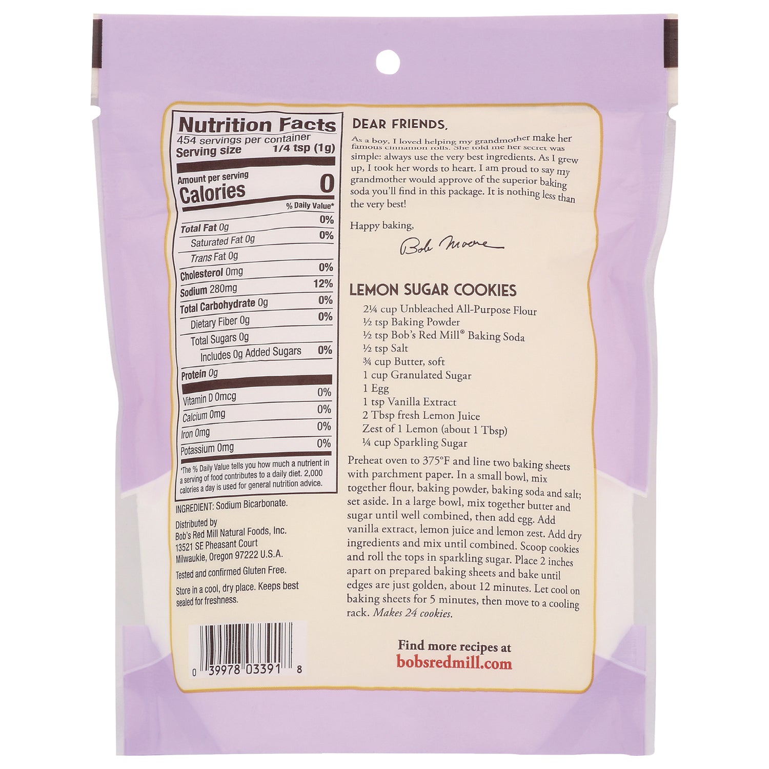 BOB288 | back of lavender package showing nutrition facts, lemon sugar cookies recipe and barcode