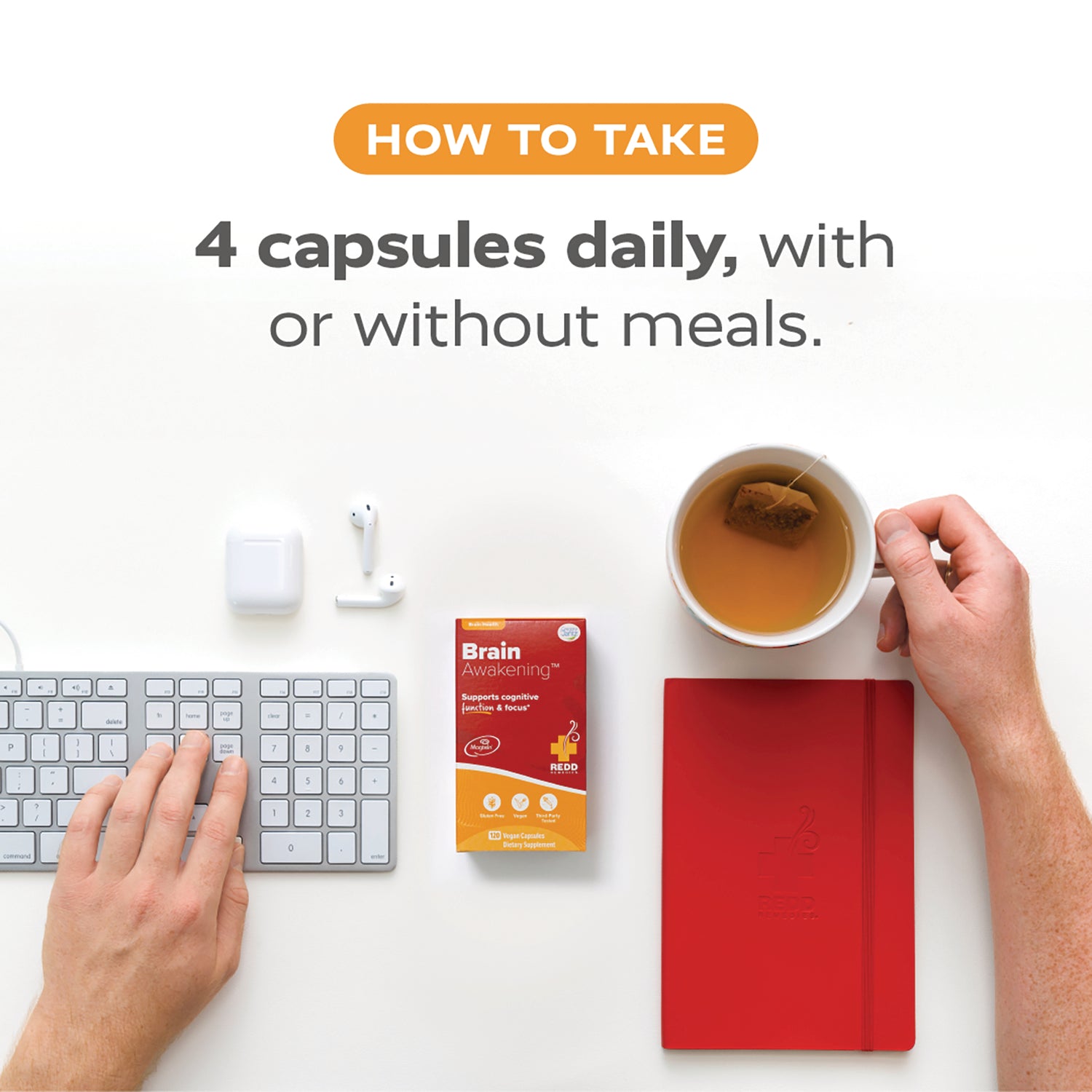 How to take graphic showing Brain Awakening box on desk with keyboard, tea, notebook and visible text 4 capsules daily, with or without meals