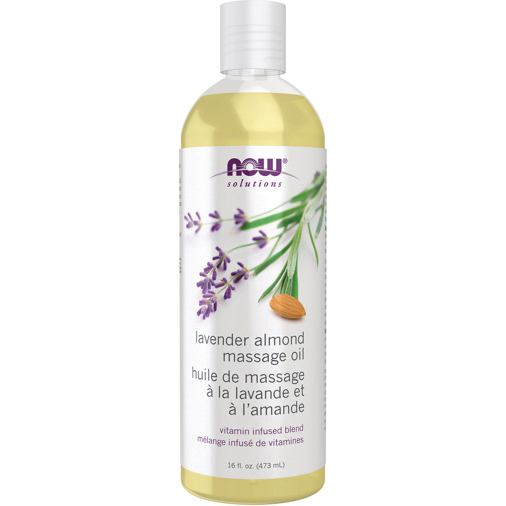 NWF428 | NOW Solutions lavender almond massage oil 16 fl oz bottle with lavender sprig and almond artwork - Thumbnail