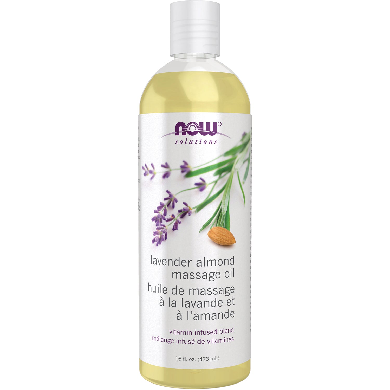 NWF428 | NOW Solutions lavender almond massage oil 16 fl oz bottle with lavender sprig and almond artwork