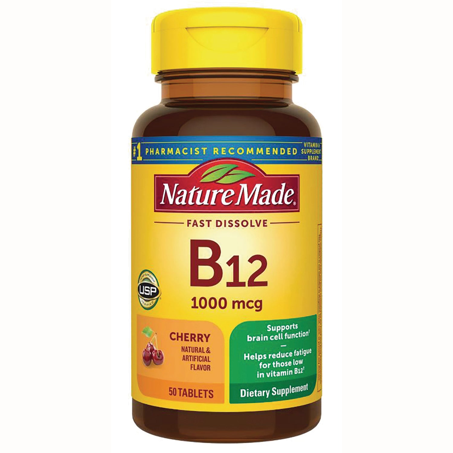 NTM047 | Nature Made B12 1000 mcg fast dissolve cherry, 50 tablets bottle front label