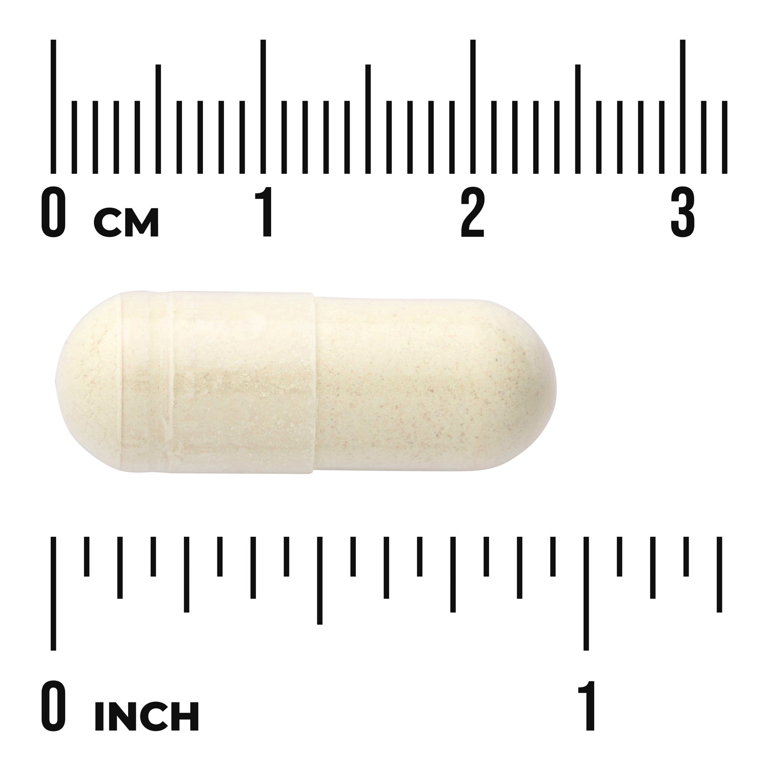 SWH201 | White capsule on centimeter and inch rulers showing size, visible text '0 CM' and '0 INCH'