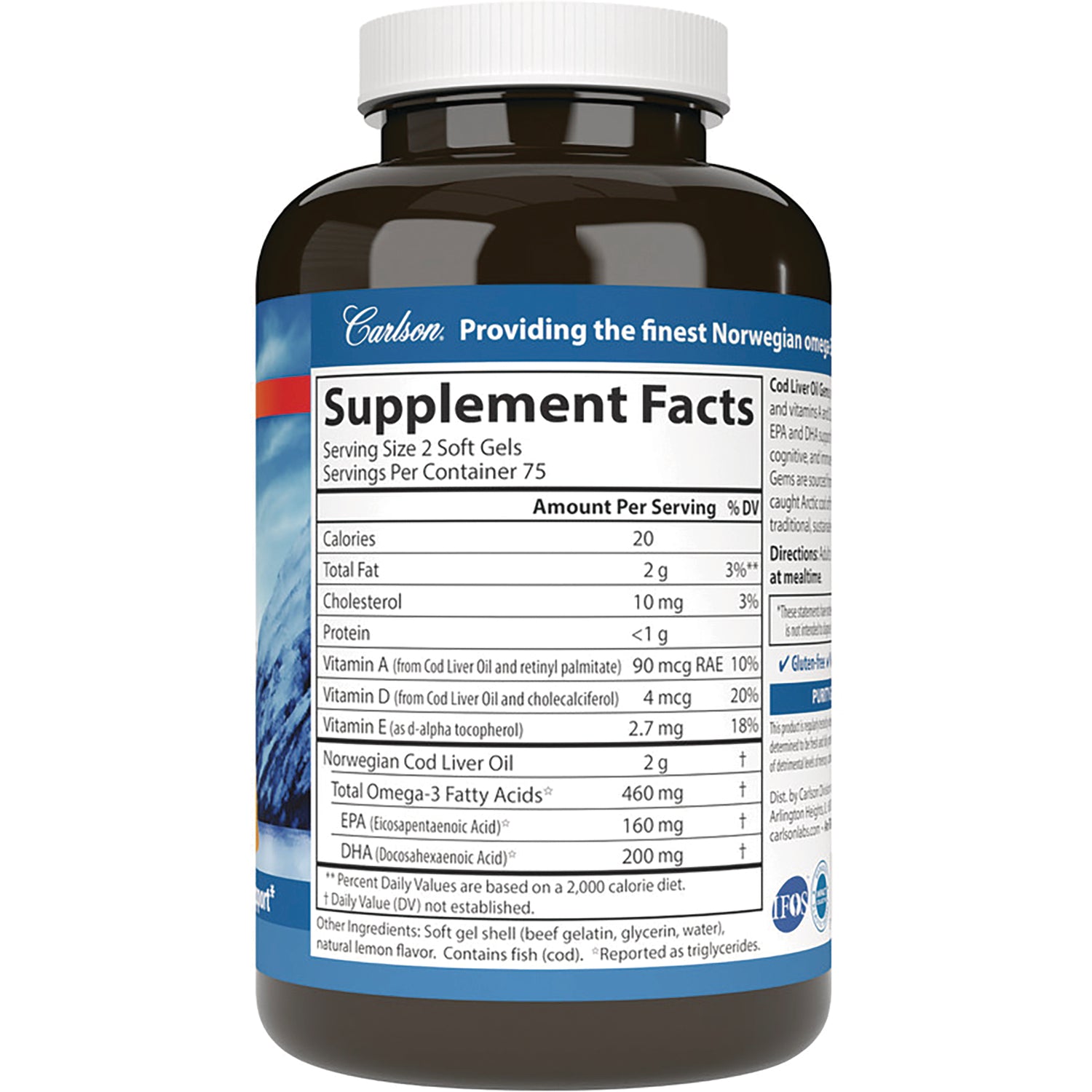 CSN021 | Supplement Facts panel on bottle for Norwegian cod liver oil showing serving size 2 soft gels and nutrient amounts