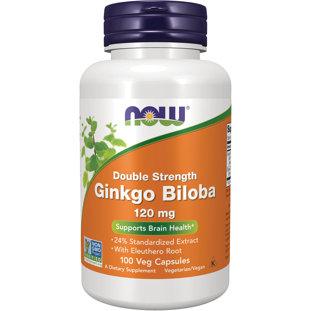 NWF309 | NOW Double Strength Ginkgo Biloba 120 mg white bottle with orange label reading 100 Veg Capsules, supports brain health - Thumbnail