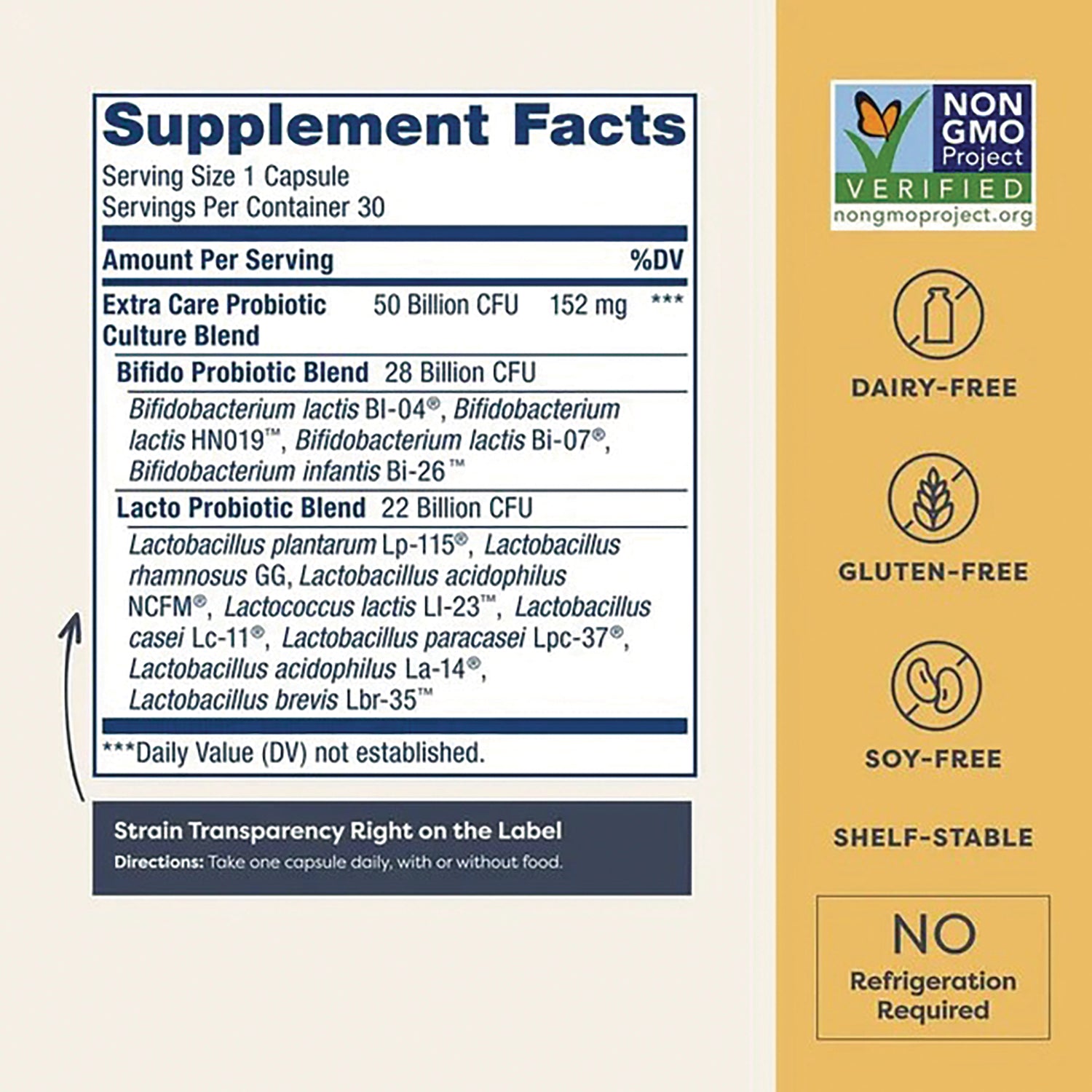 RNL231 | Supplement Facts label: serving size 1 capsule, probiotic blend CFU counts, non-GMO and allergen icons, no refrigeration required
