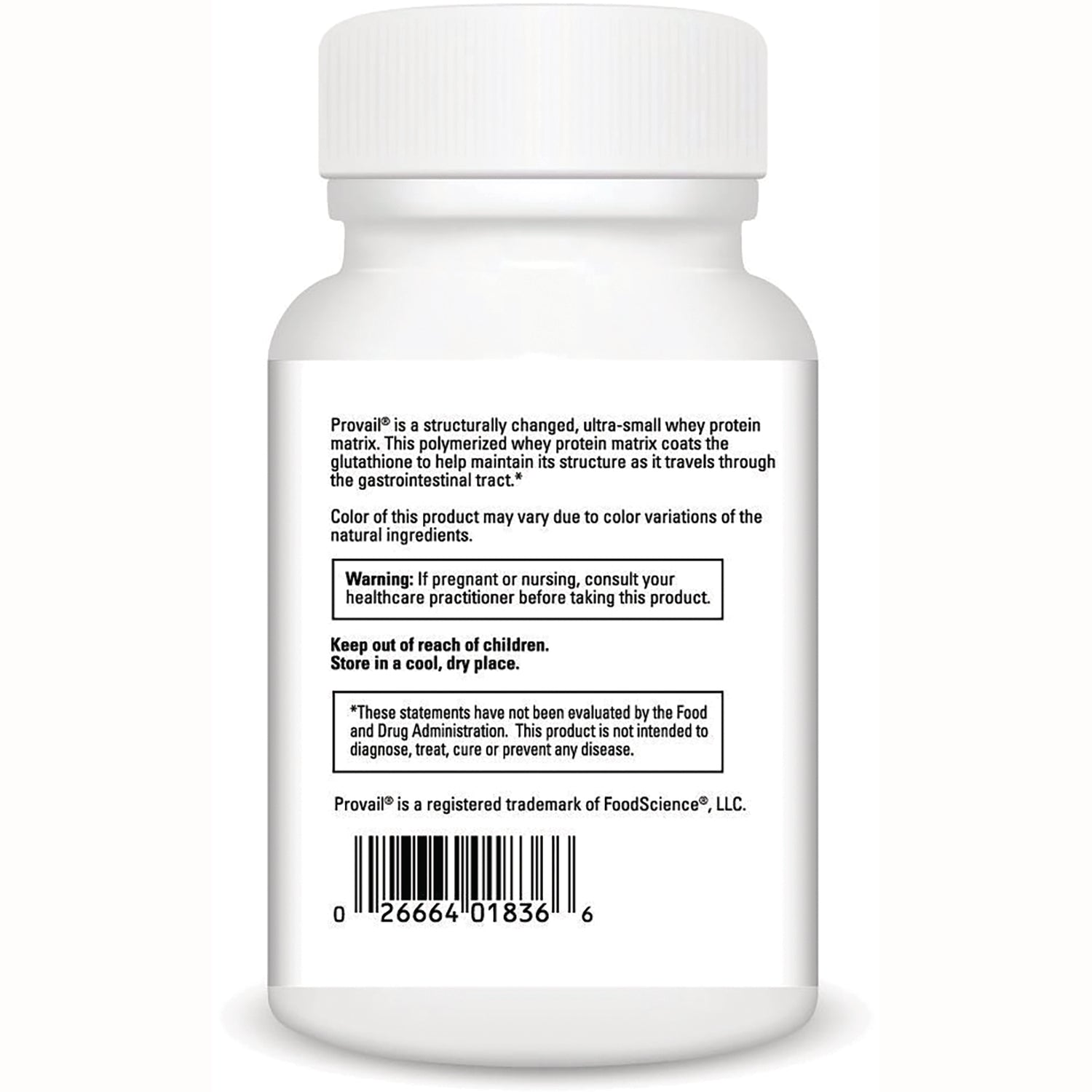 DVL168 | back of white supplement bottle showing warnings, storage instructions, Provail trademark text and barcode
