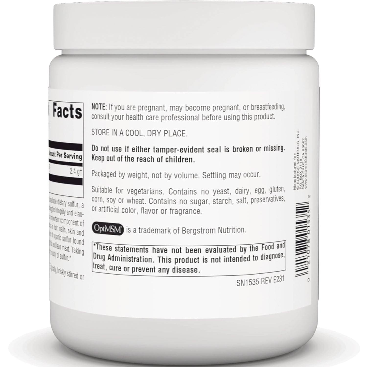 SN125 | Back of white supplement jar showing warnings, storage instructions, vegetarian statement and barcode