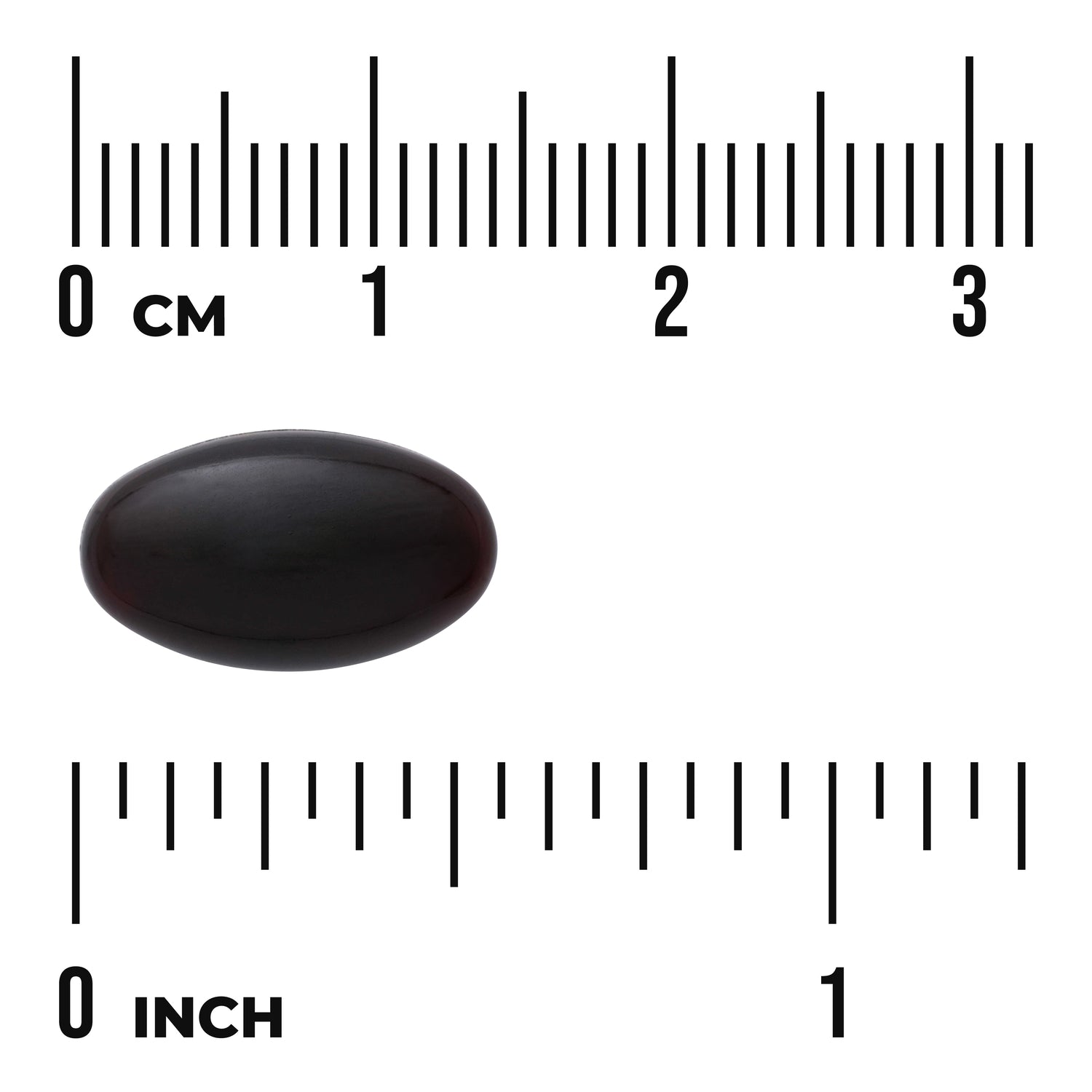 SWU694 | Dark brown oval softgel on ruler with centimeter and inch scales, showing size about 2.5 cm