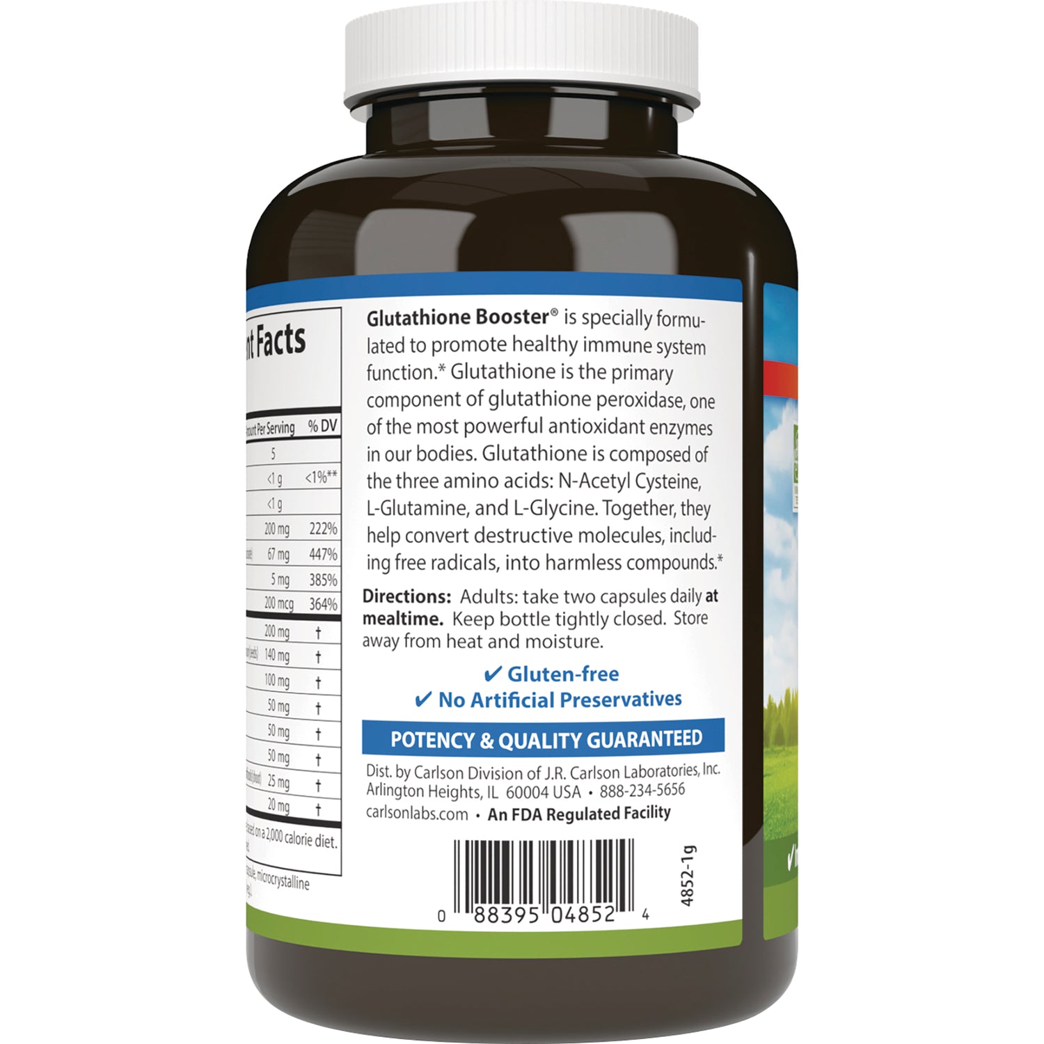 CSN207 | Back label of brown supplement bottle reading Glutathione Booster, directions, gluten-free claim, potency guaranteed and barcode