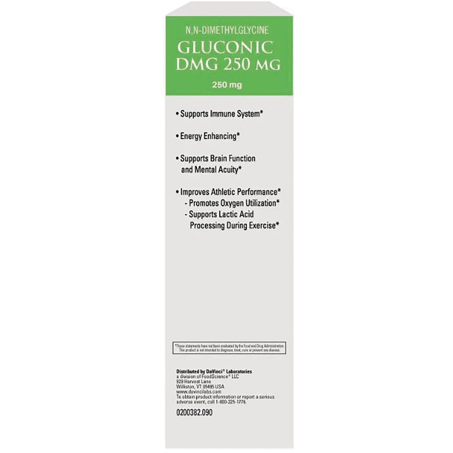 DVL096 | Back of Gluconic DMG 250 mg box listing benefits including supports immune system, energy enhancing, supports brain function