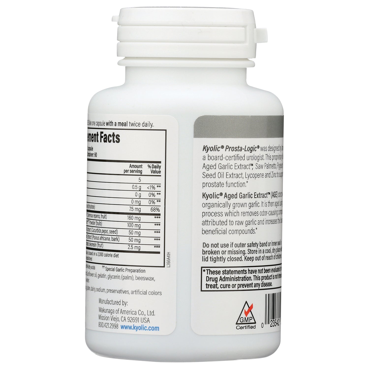 KY062 | Back of white supplement bottle showing supplement facts, ingredients panel, barcode and GMP certified logo