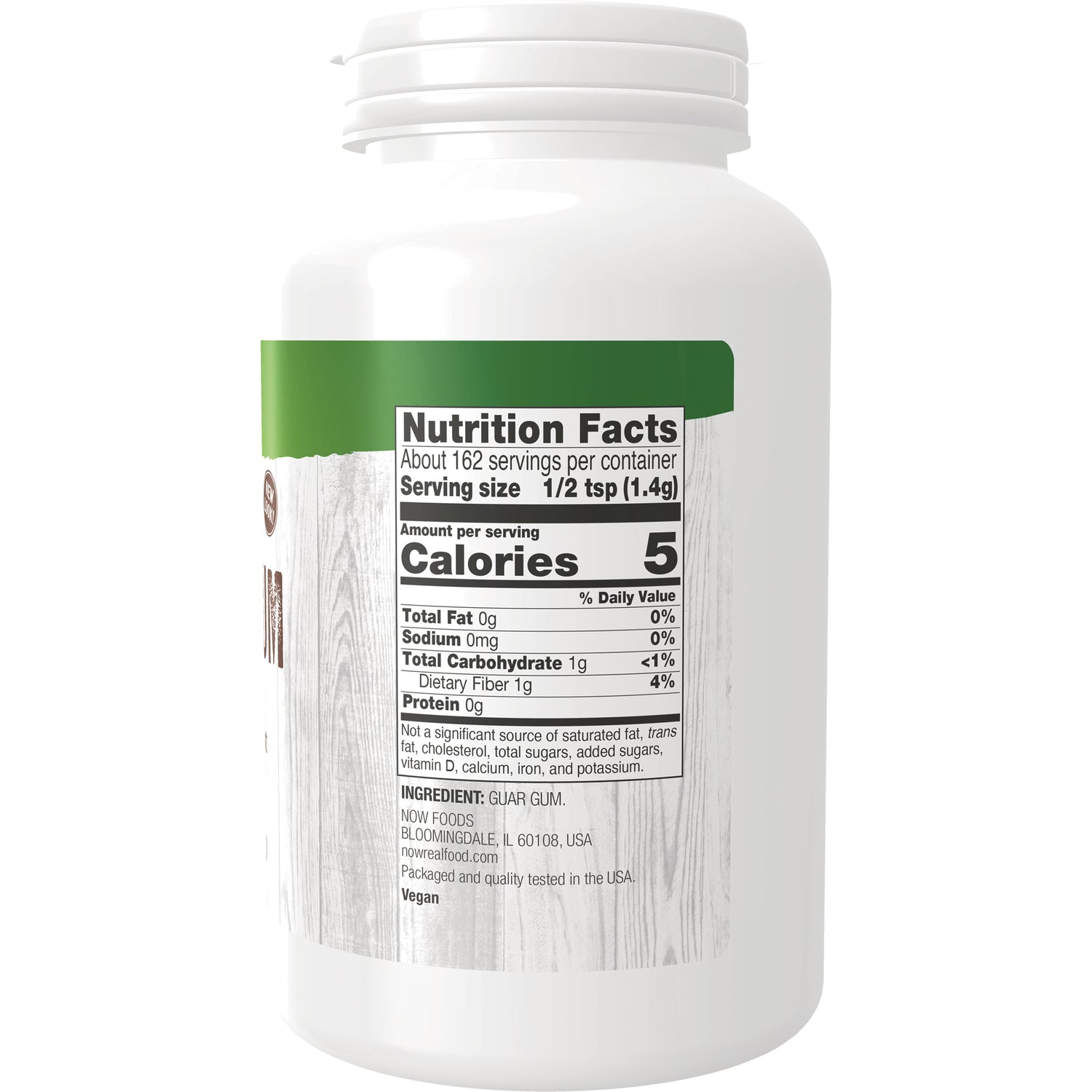 NWF1222 | Back of white supplement bottle showing Nutrition Facts label and ingredient list including GUAR GUM