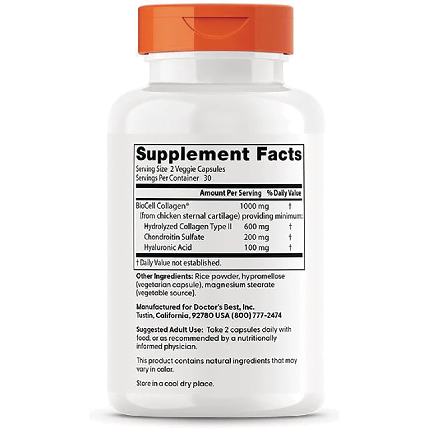DB083 | Back of white supplement bottle showing Supplement Facts panel, serving size 2 veggie capsules and ingredient list