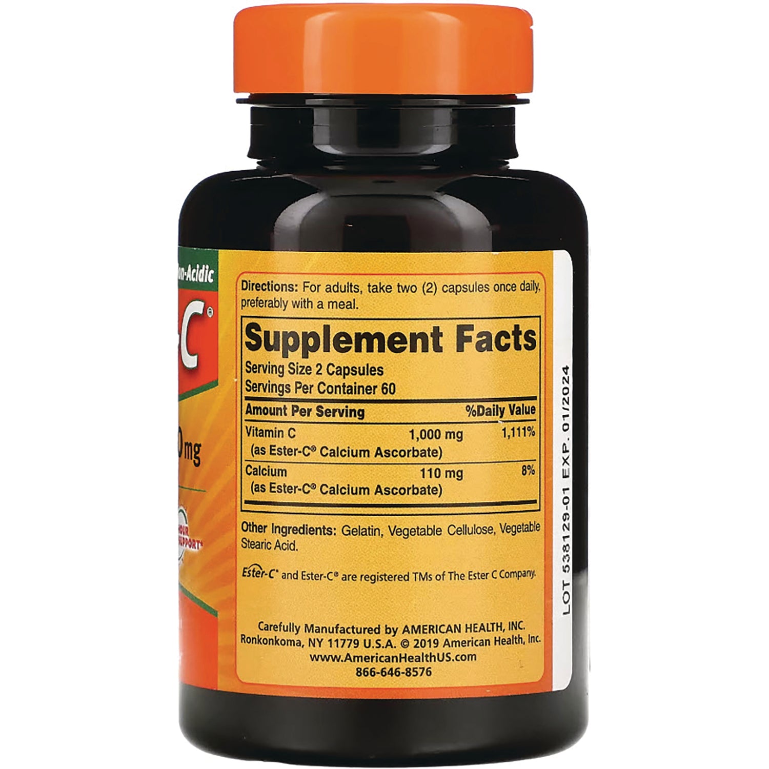 AM114 | Back label showing Supplement Facts panel with Vitamin C 1,000 mg and serving size 2 capsules