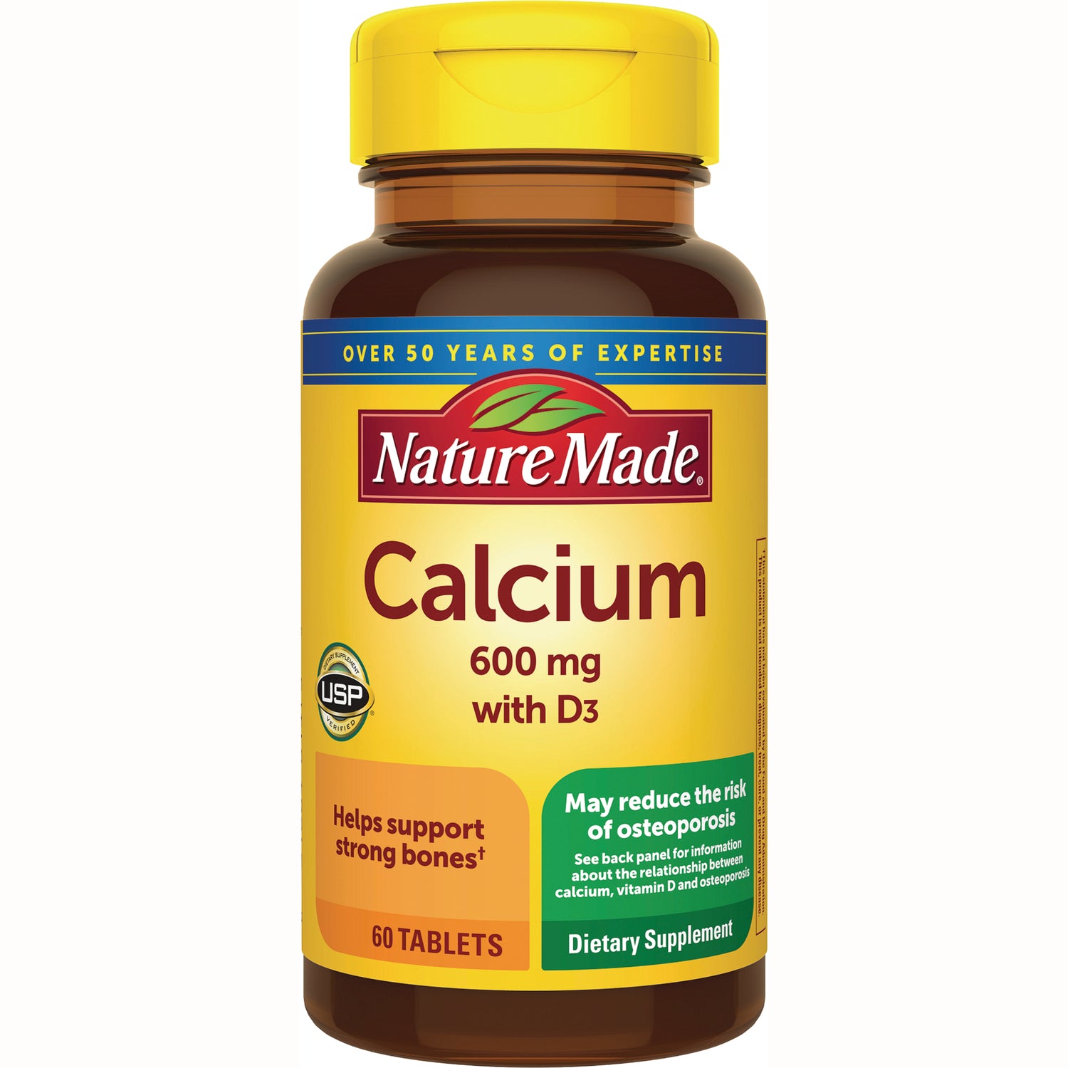 NTM160 | Nature Made Calcium 600 mg with D3 dietary supplement bottle front, 60 tablets