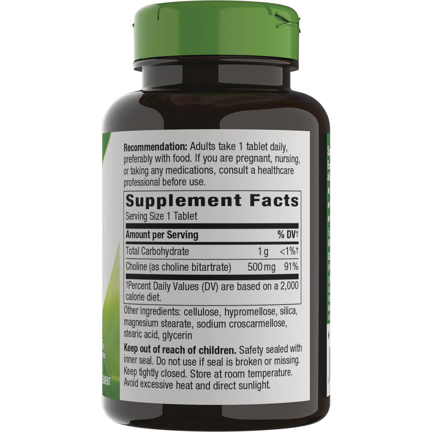 NW720 | back label showing Supplement Facts panel, serving size 1 tablet, choline 500 mg, ingredients and Keep out of reach of children warning
