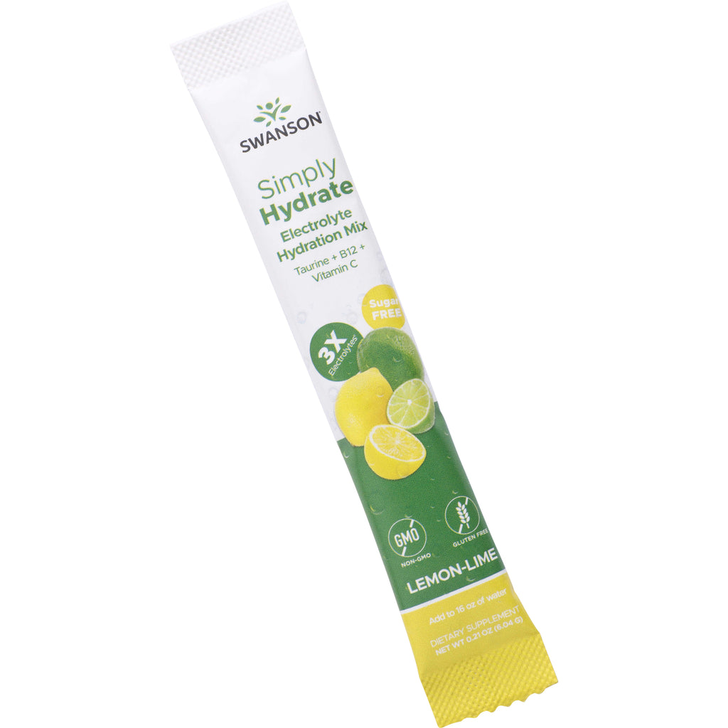 SW1942 A vertical advertisement for Swanson's Simply Hydrate Electrolyte Hydration Mix features a white tube with green and yellow accents, displaying the product name and key benefits such as '3X electrolytes' and 'sugar free.' The tube is positioned slightly tilted to the right, with a sliced lime and lemon placed beside it, emphasizing the lemon-lime flavor. - Thumbnail