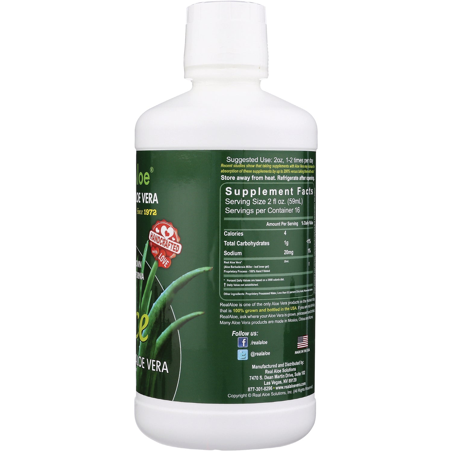 RA010 | Back of white bottle showing green supplement facts label with serving size, nutrition facts, and aloe graphic